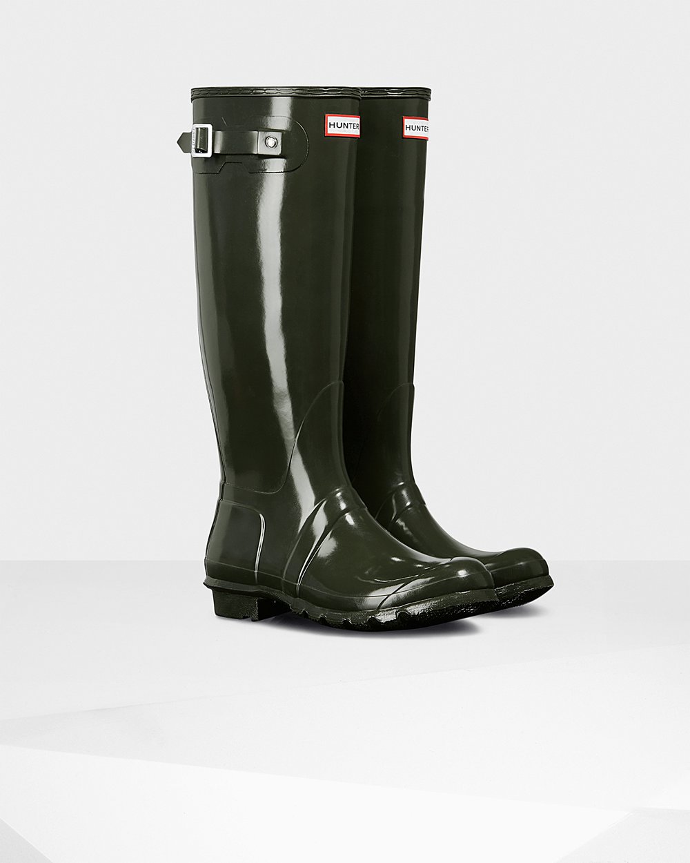 Bottes Hautes de Pluie Hunter Original Gloss Femme Vert Foncé Olive OECUIKP-93